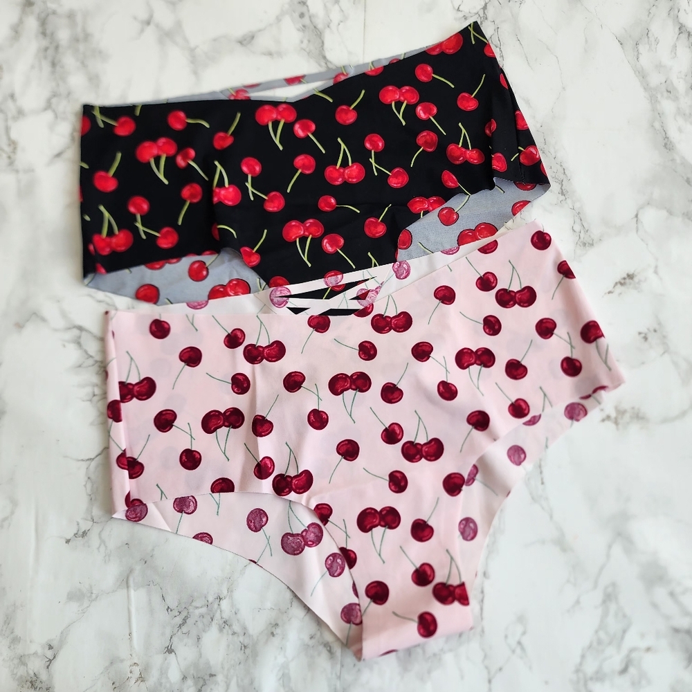 2 Victoria's Secret No-Show Cheeky Pink Black Hope Cherry